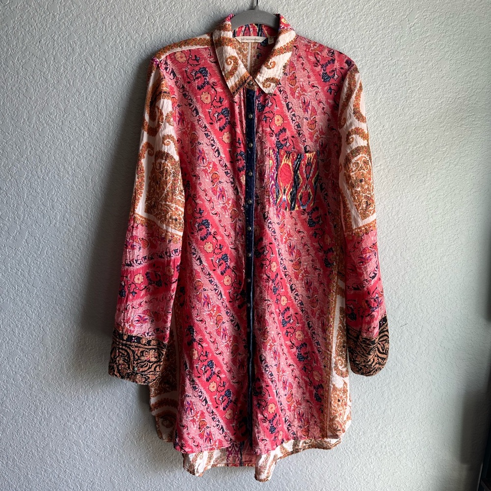 💖Soft Surroundings Red and Pink Colorful Paisley Button Down Tunic